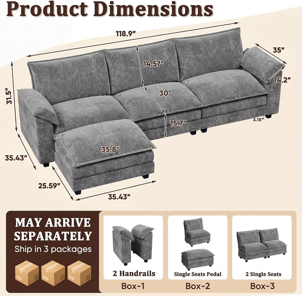 118.9" Modular Sectional Cloud Couch 3-Seat Sofa Set with Movable Ottoman, L Shaped Sofa Couch with Deep Seat
