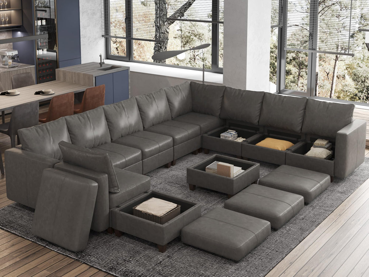 Faux Leather Sectional Couch L Shaped Sectional Sofa, Grey