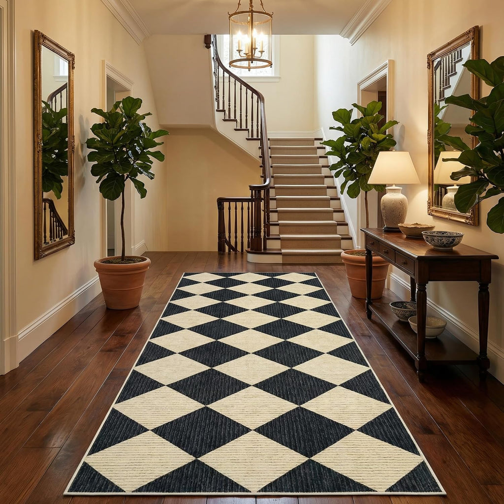 Checkered Diamond Runner Rug 2x6, Washable Non-Slip, Black & Beige