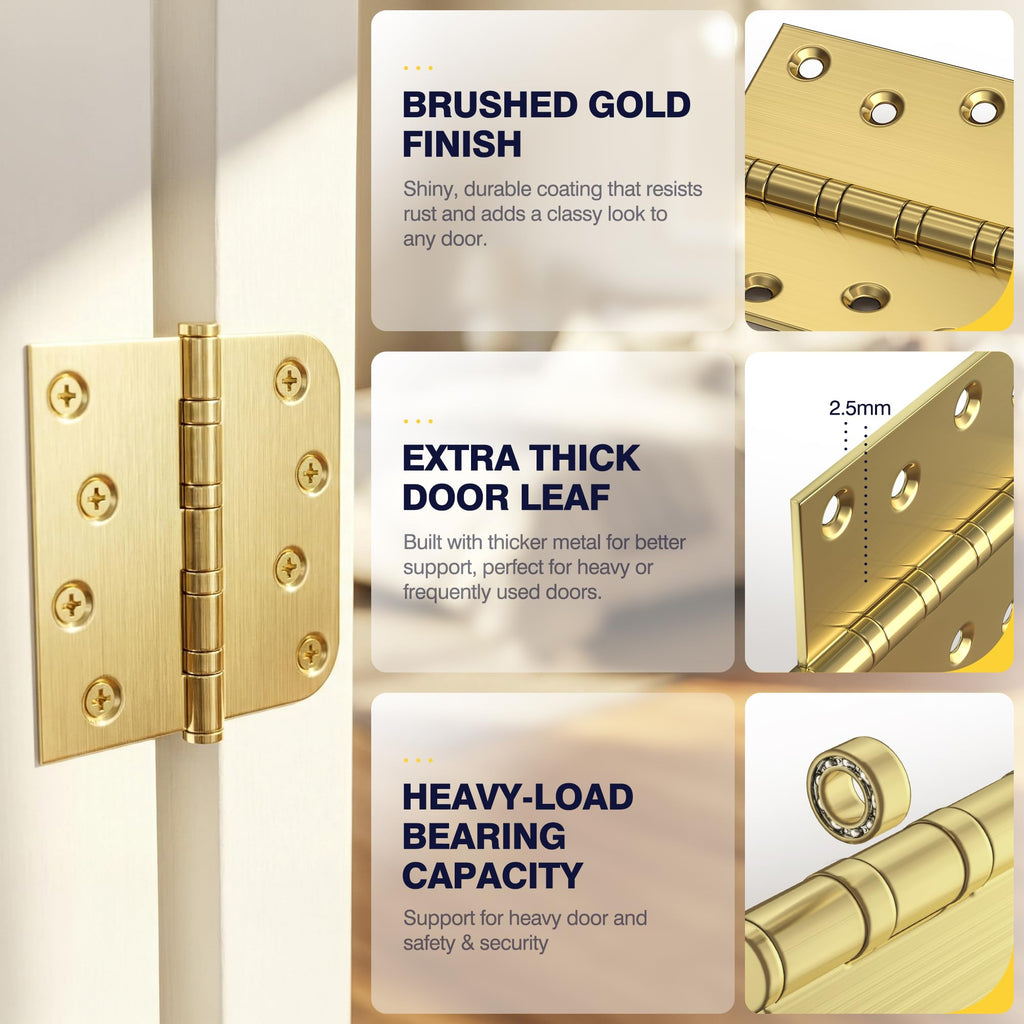 4 Inch Gold Ball Bearing Door Hinges Square and 5/8'' Radius 12 Pack