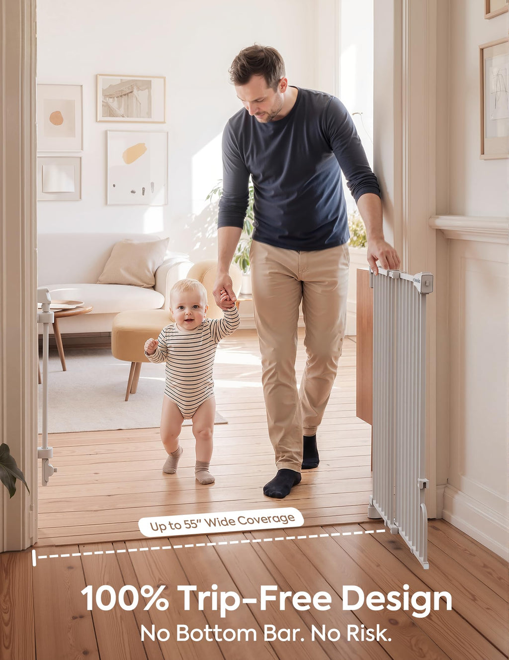 Removable & No Bottom Bar Baby Gate, 35.5-55" Hardware Mounted (Drill Needed)| Wide Walk-Thru| Auto-Close Safety