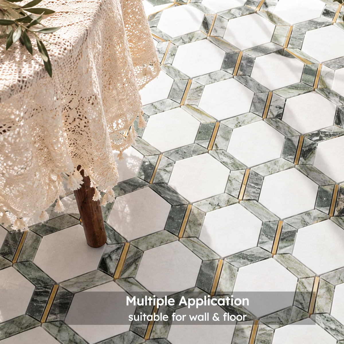 White Marble with Gold Metal Hexaong Mosaic Tile Polished, 5 Sheets