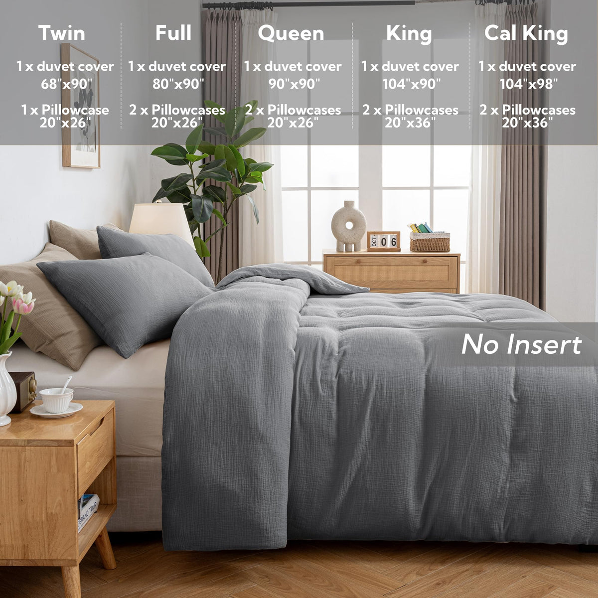 Muslin Duvet Cover - 100% Washed Cotton Linen Like Gauze Comforter Cover 3 Pieces Breathable & Lightweight for