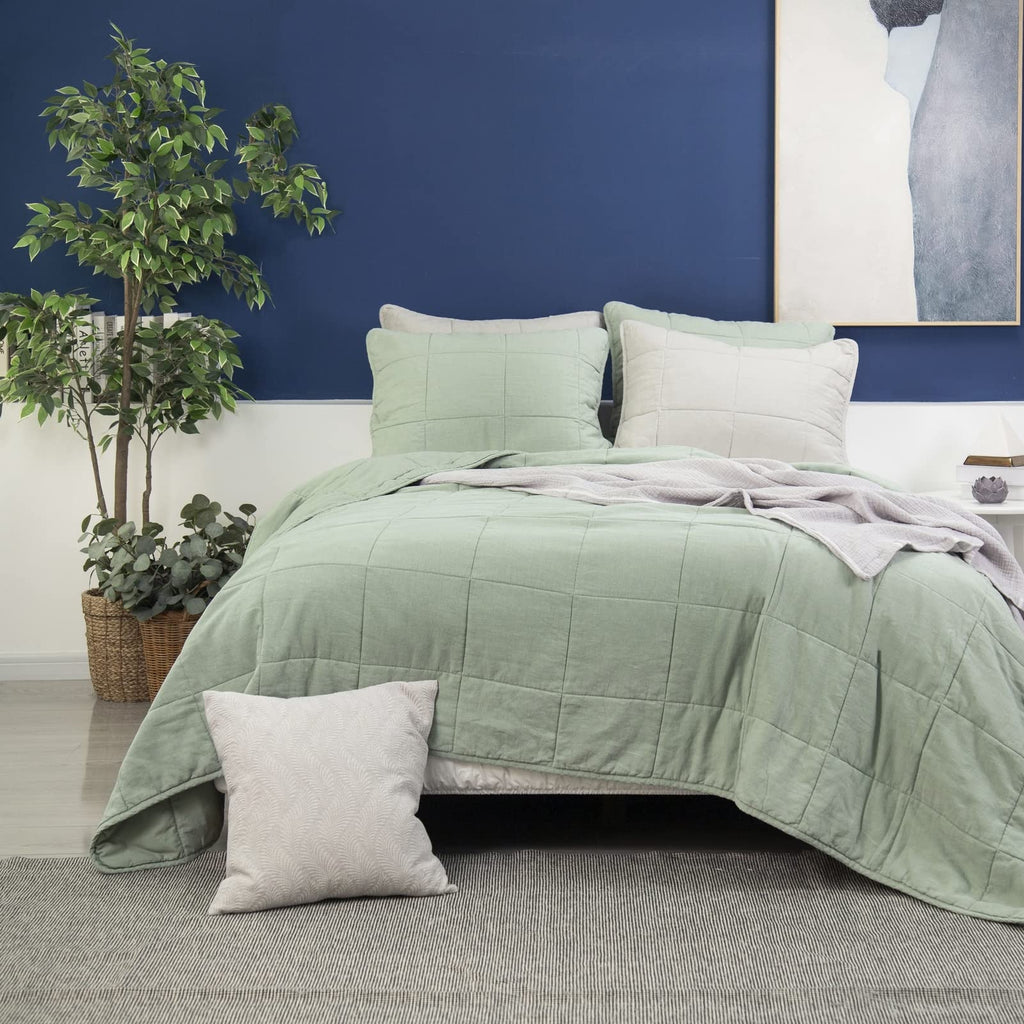 Stonewashed Linen Blend Box Stitch Quilt and Matching Pillow Shams 3pcs Set, Sage Color