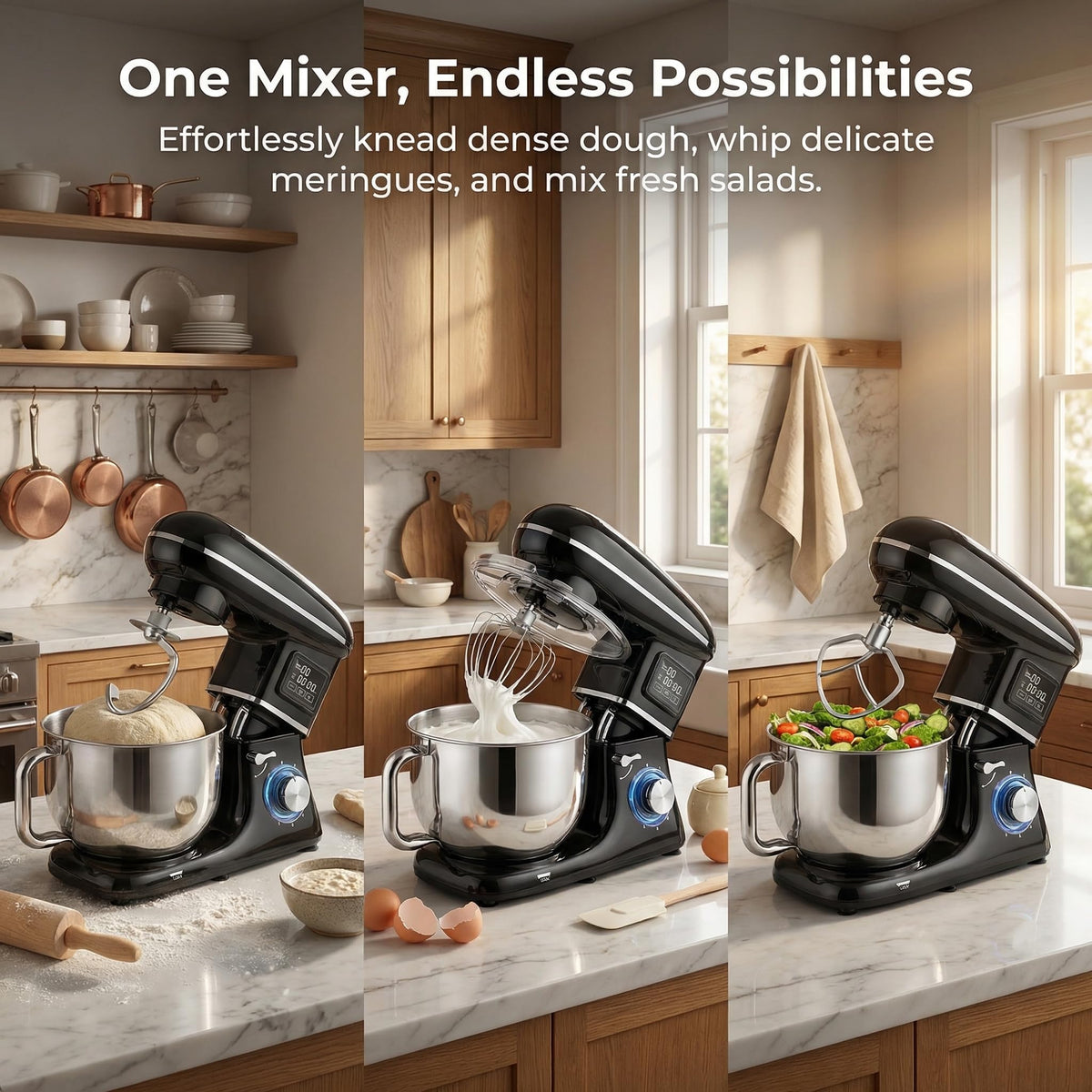 Electric Stand Mixer with LED Display & Timer 6.5QT Bowl Stainless Steel, 1350W 6-Speeds Kitchen Stand Up Mixer for