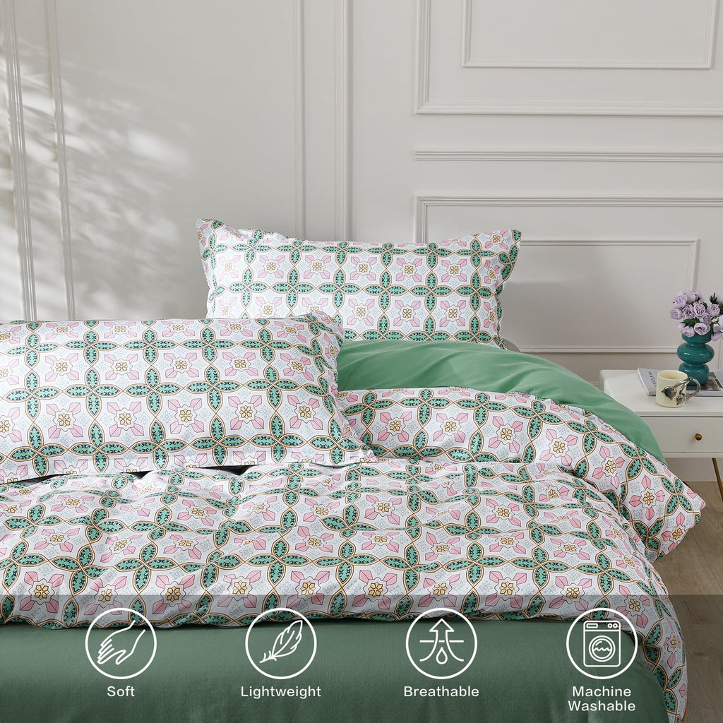 Full Boho Duvet Cover Green Paisley Bedding Set with 8 Corner Ties and 2 Pillow Shams Microfiber Reversible Duvet