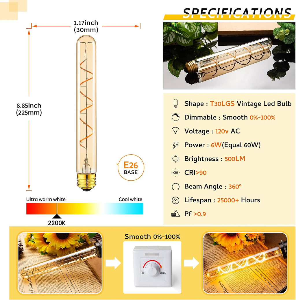 T10 E26 LED Bulbs 6W 60w, 8.9IN Dimmable 2700K,Tubular Edison Light Bulbs