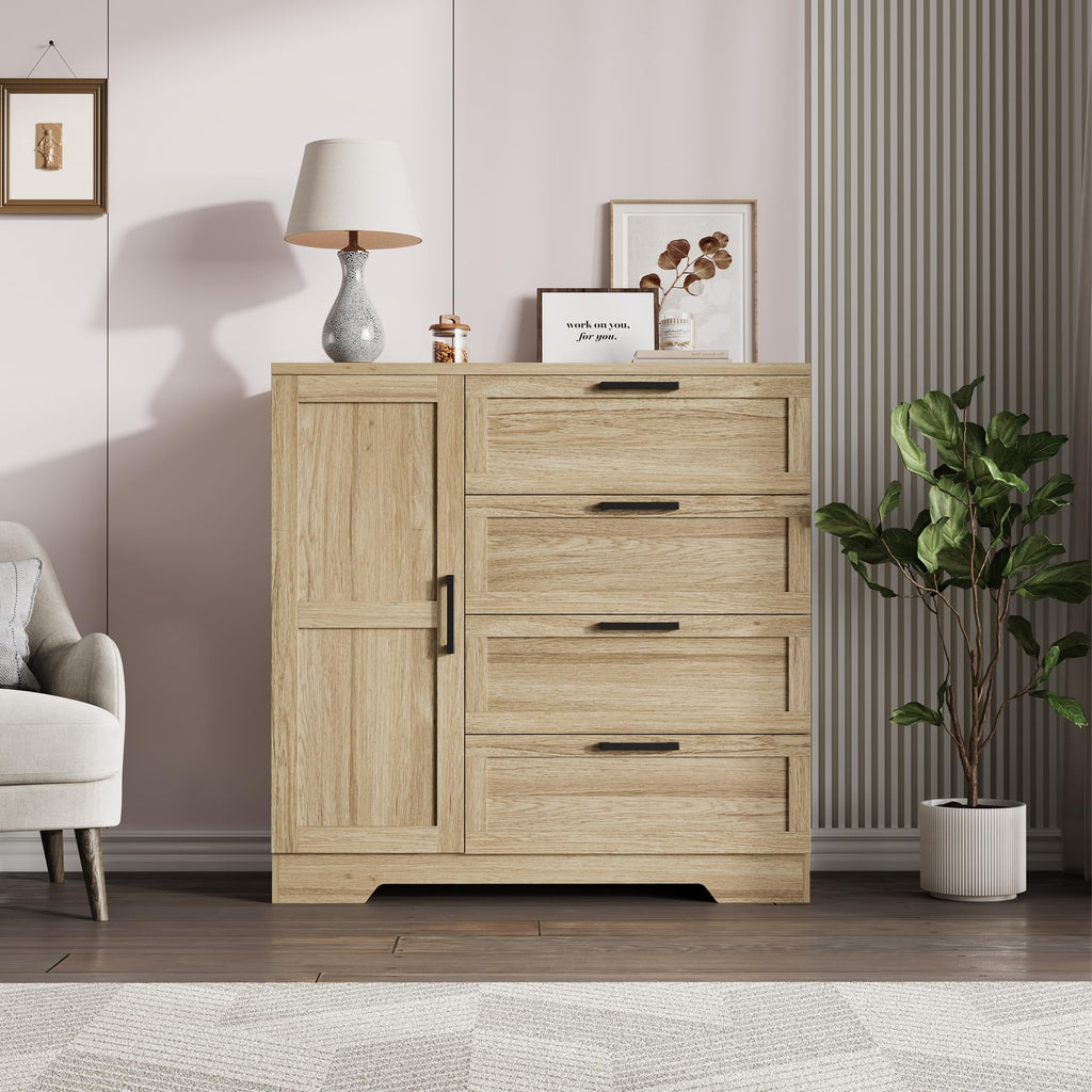 Wood Armoire Wardrobe Closet with 4 Drawers and Door, 43.3 in H Bedroom Wardrobe Cabinet with Hanging Rod, Clothing