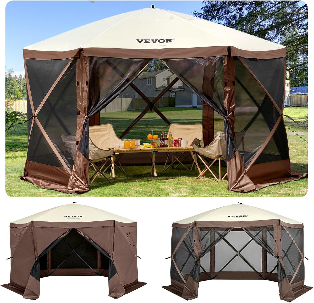 Camping Gazebo Screen Tent, 12x12ft, Brown/Beige | 6 Sided Pop-up Canopy, Mesh Windows, Portable Carry Bag & Stakes