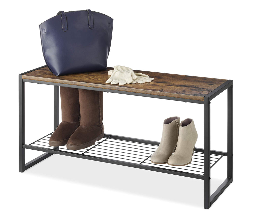 Entryway Bench, 35.5 Inch Modern Industrial Shoe Bench with Storage Shelf, Wood and Metal Shoe Rack Bench Seat