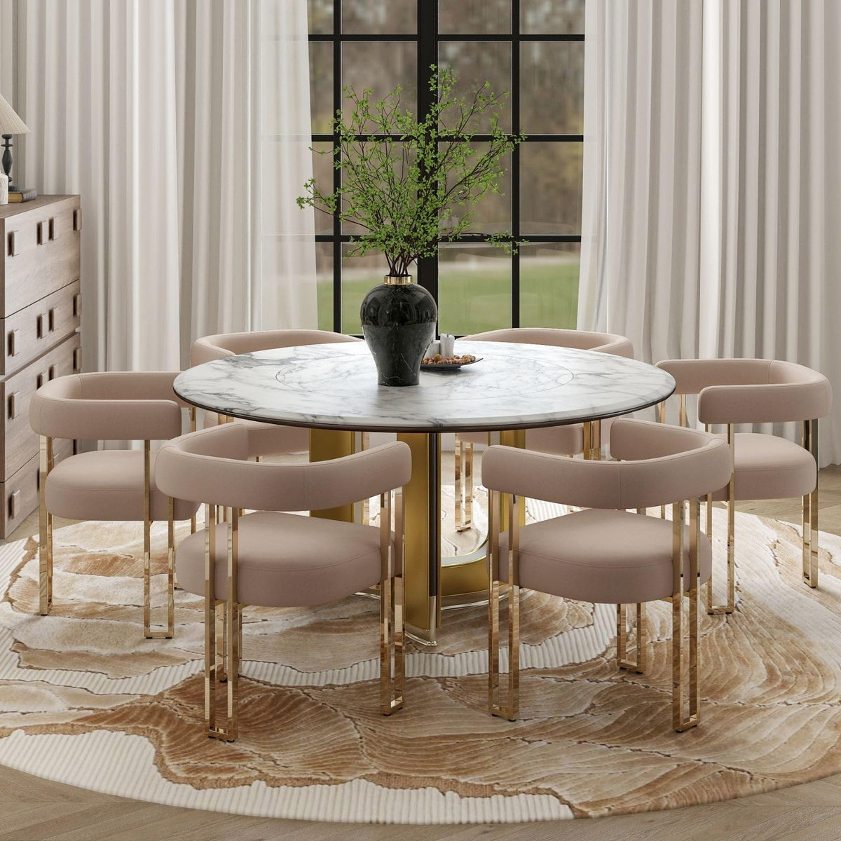 Velvet Dining Chairs Set of 6, Khaki Upholstered Barrel Armchairs with Gold Metal Legs Island, Mid Century Modern