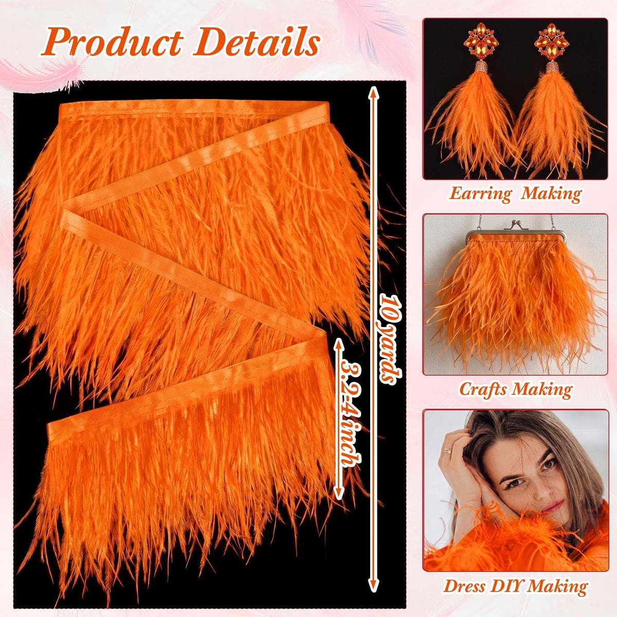 Ostrich Feathers Trims 3-4 Inch Feathers Fringe, Orange - 10 Yards