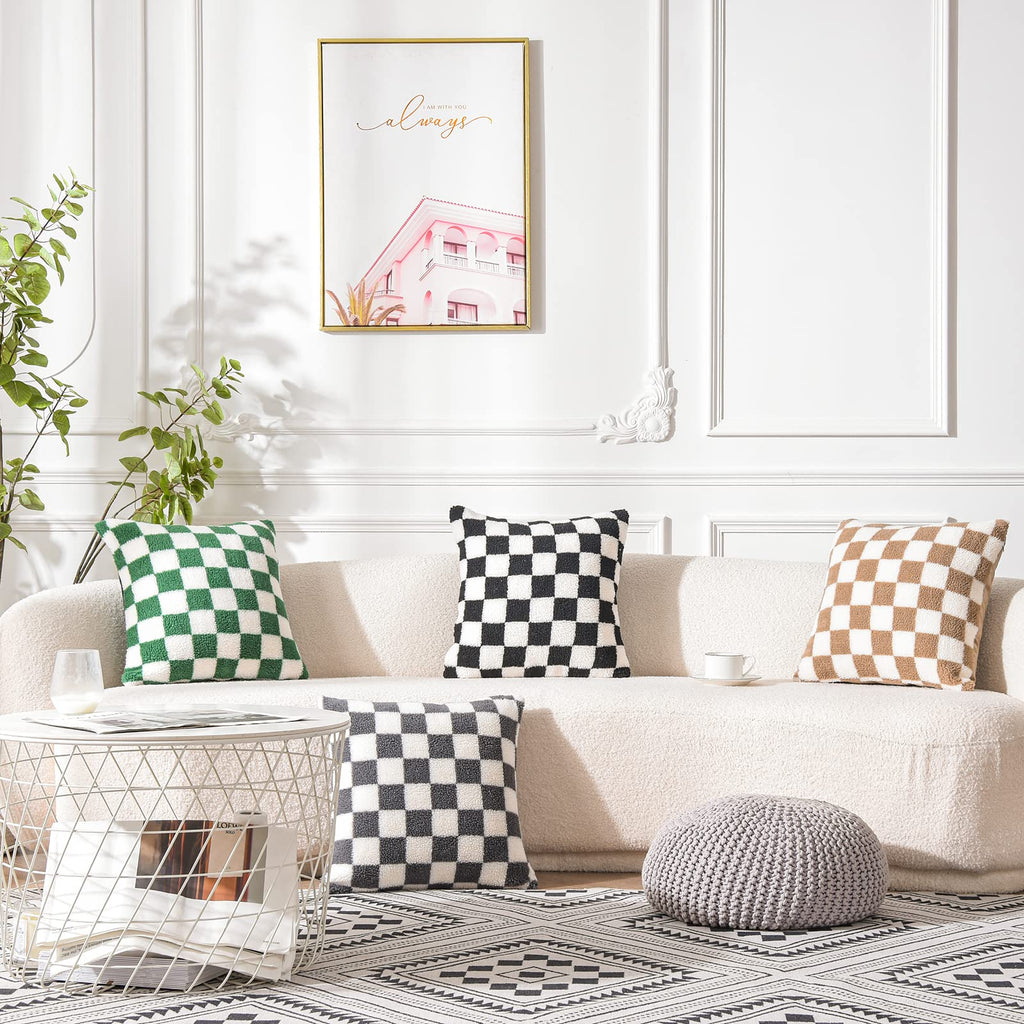 Decorative Throw Pillow Covers - Soft Sherpa Checkerboard Cushion Covers Faux Fur Pillow Cases for Sofa Bedroom