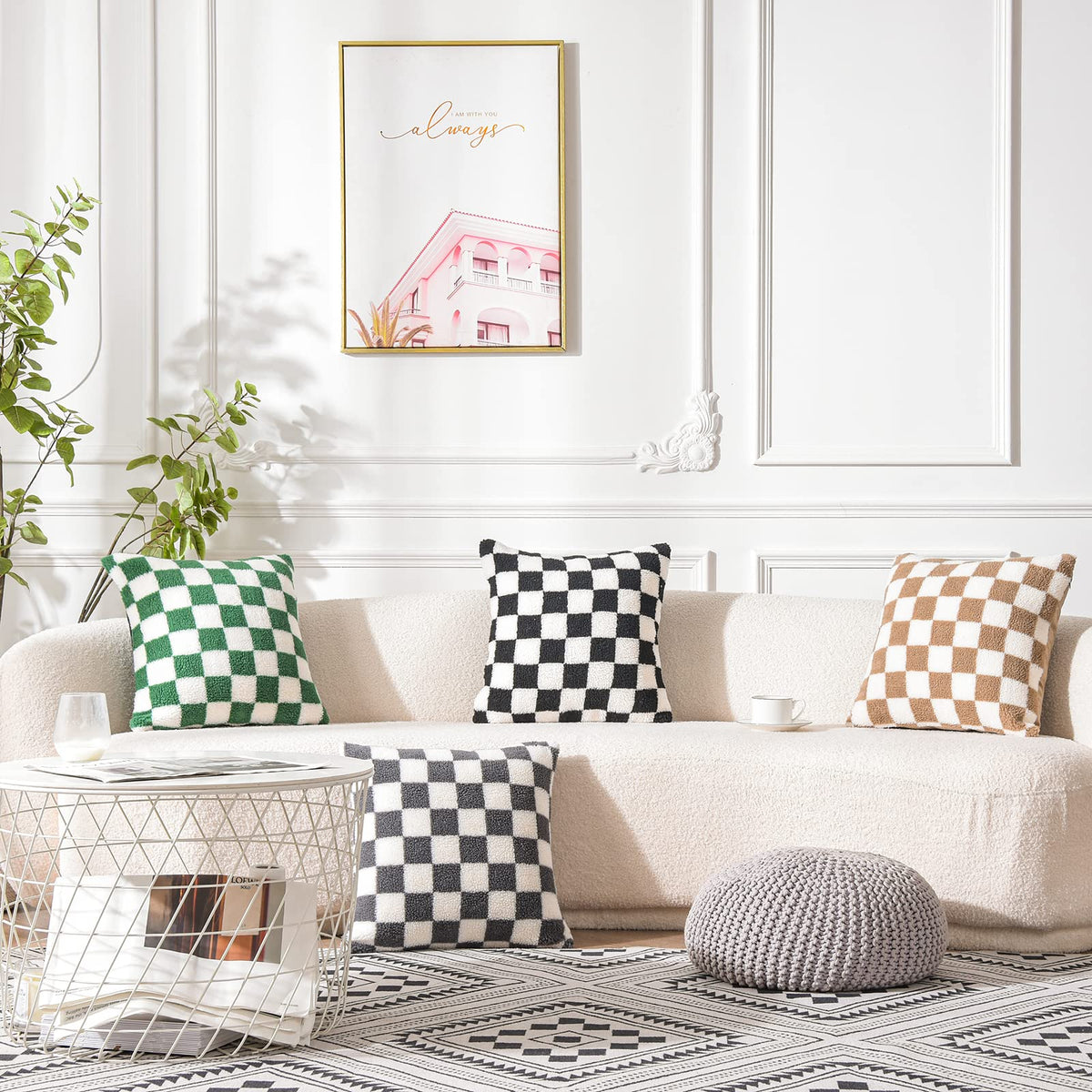 Decorative Throw Pillow Covers - Soft Sherpa Checkerboard Cushion Covers Faux Fur Pillow Cases for Sofa Bedroom