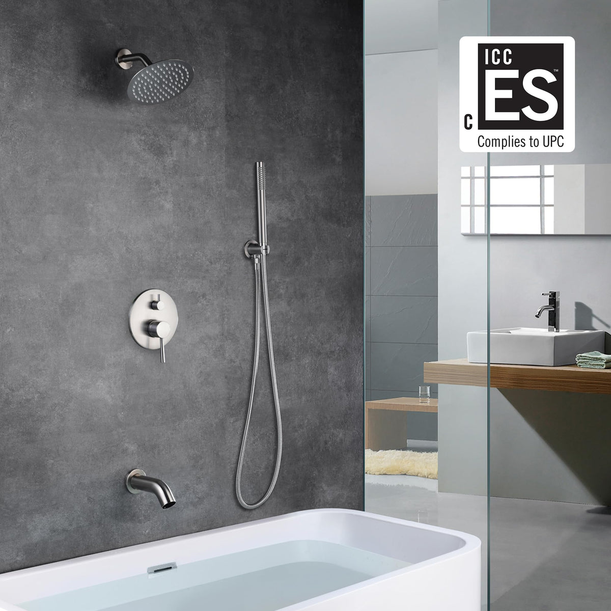 Brushed Nickel Shower System with Waterfall Tub Spout