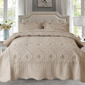 Floral Embroidery Quilt Set, 3 Pieces Quilt Bedding Set, Classic Diamond Pattern Quilts, Ultra Soft Lightweight