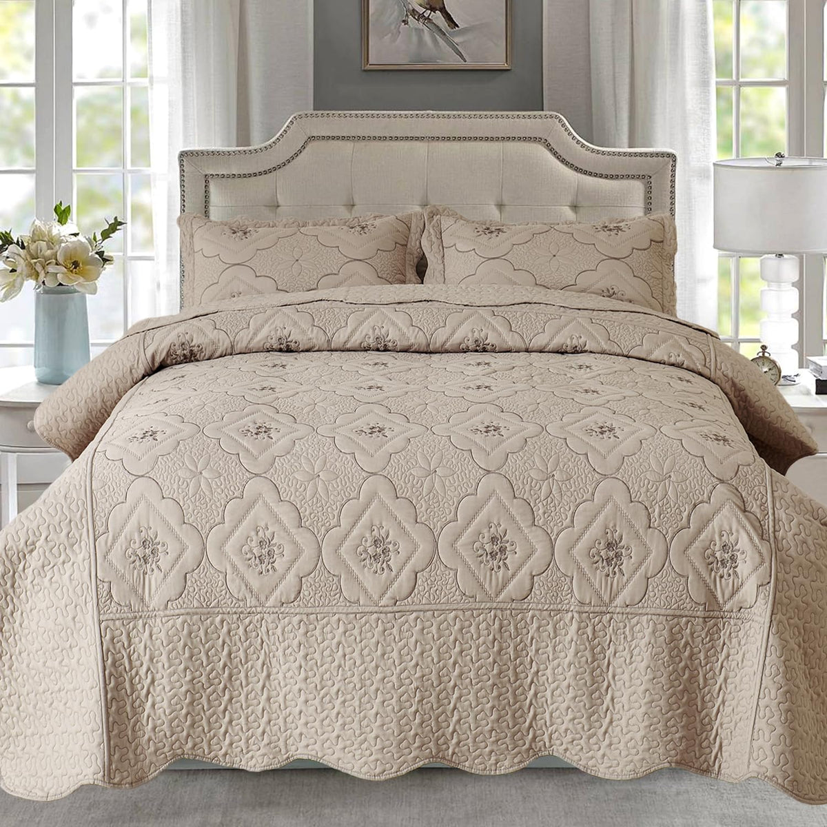 Floral Embroidery Quilt Set, 3 Pieces Quilt Bedding Set, Classic Diamond Pattern Quilts, Ultra Soft Lightweight