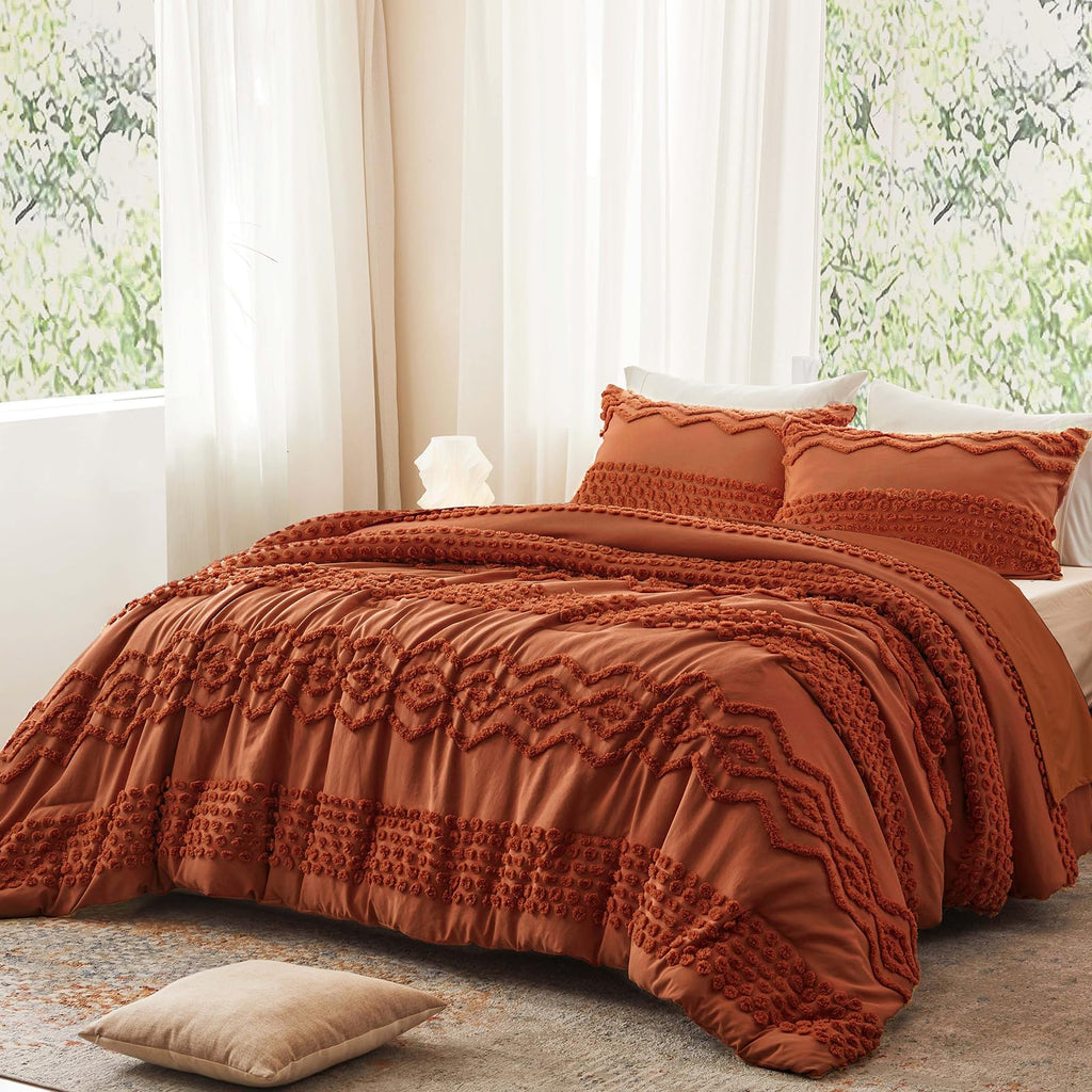 Terracotta Tufted Comforter Set, 3 Pieces Queen Boho Bedding Set