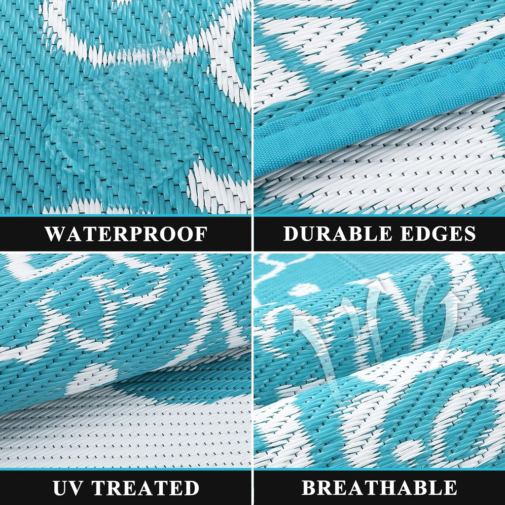 Outdoor Rug, Waterproof Plastic Straw Camping Rug, Boho Teal