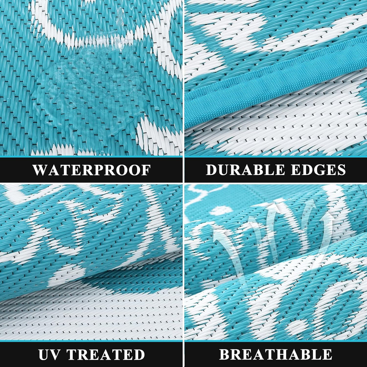 Outdoor Rug, Waterproof Plastic Straw Camping Rug, Boho Teal