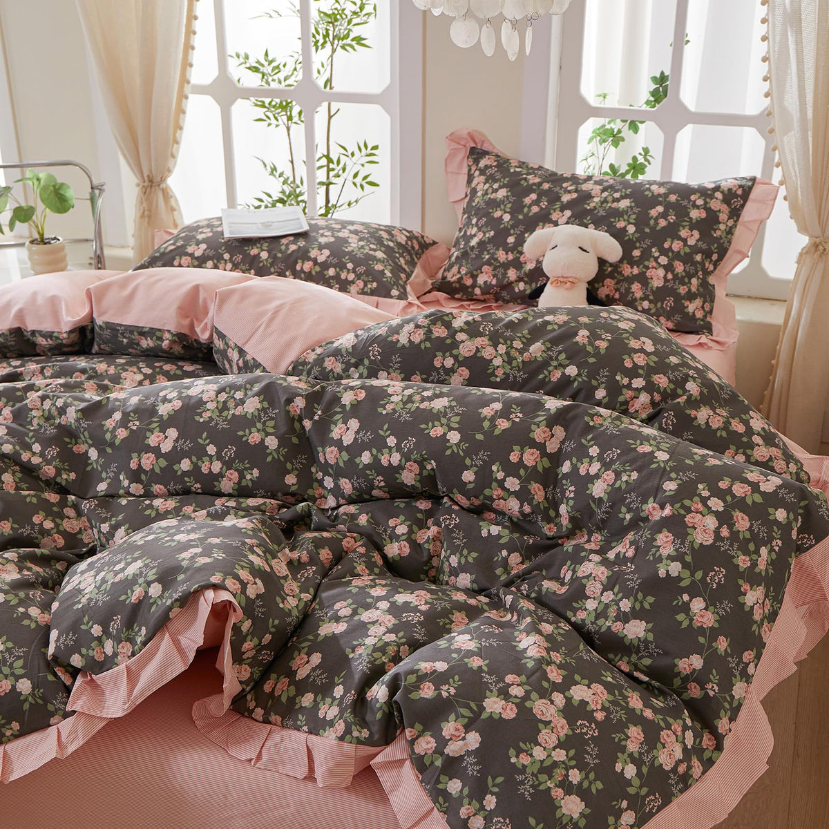 Pink Floral Ruffled Duvet Cover Set, Soft 100% Cotton Striped Bedding Duvet Cover with 2 Pillowcases, Vintage