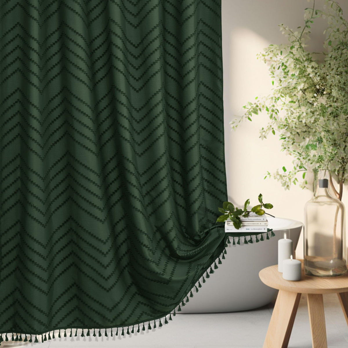 Extra Long Dark Green Boho Shower Curtain with Tassel, Woven Fabric 96 in Shower Curtain, Tufted Chevron Striped, 72