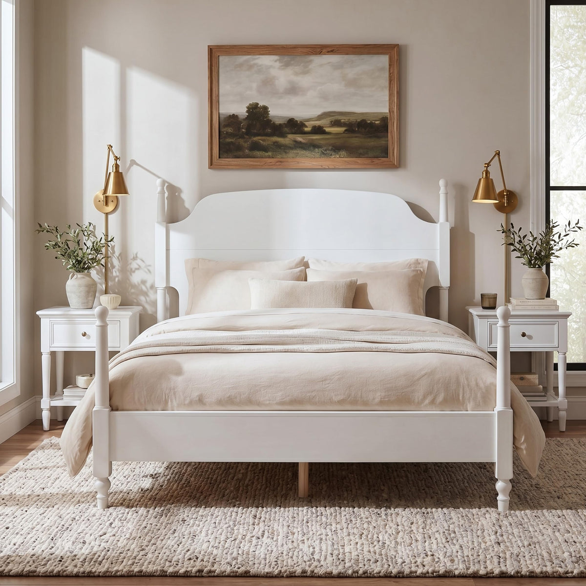 Traditional Solid Wood 4-Poster Bed Frame, Mid-Century Modern Farmhouse Platform Bed with Arched Camelback