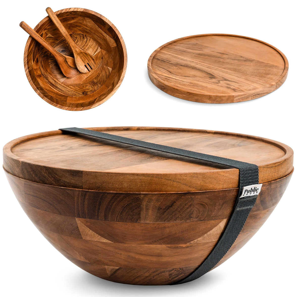 Large Wooden Salad Bowl Set 12.5 Inch with Serving Utensils, Tray Lid and Carry Strap. Acacia Wood Large Salad Bowls