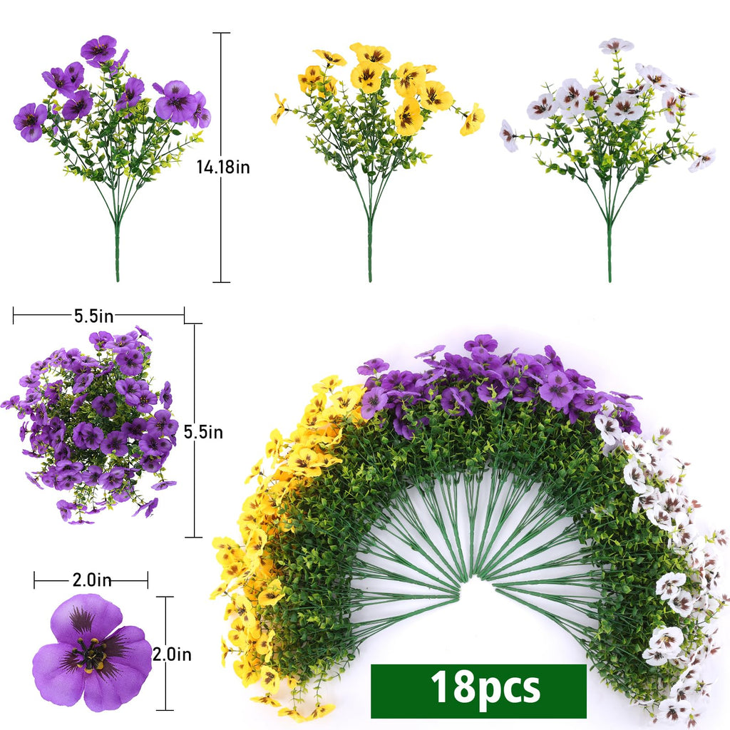 18 Pcs Artificial Fake Pansy Flowers for Outdoor, Faux Silk Pansies Spring Flowers for Outside for Planter Front Door