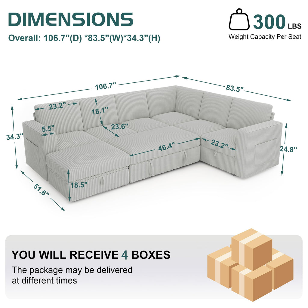 Sectional Sleeper Sofa, Pull Out Couch with Storage, Pale Gray, 7 Seat