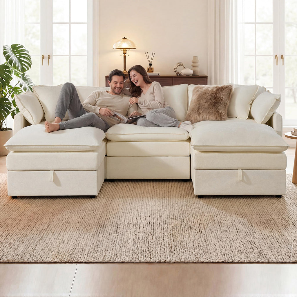 Modular Sofa with Storage, 103" U-Shape Sectional Cloud Couch, Oversized Fabric Couch with Movable Ottoman, 5 Seat