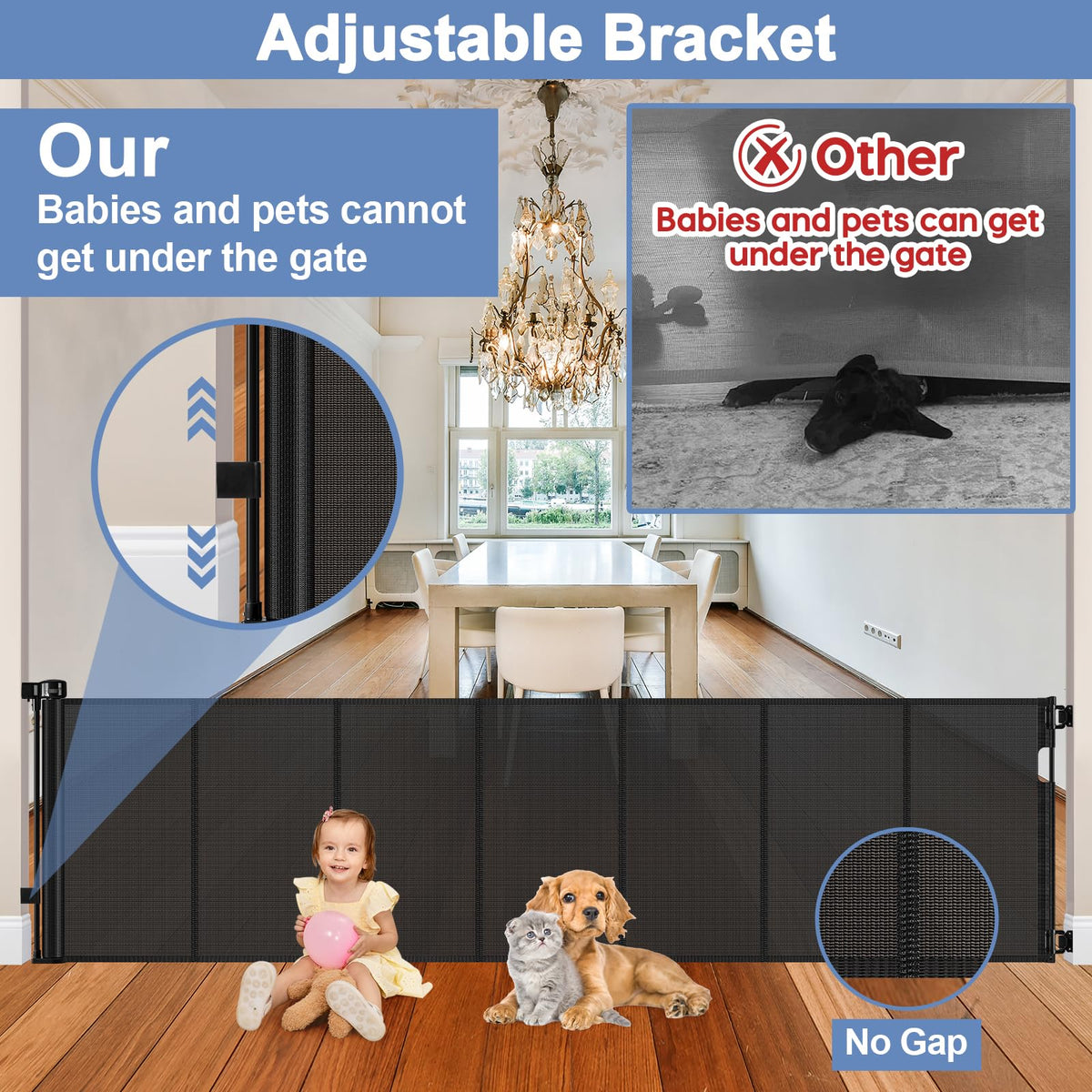 Reinforced 90 Inch Retractable Baby Gates Extra Wide Baby Gate with Reinforced Strips, 7.5ft Long Retractable Dog