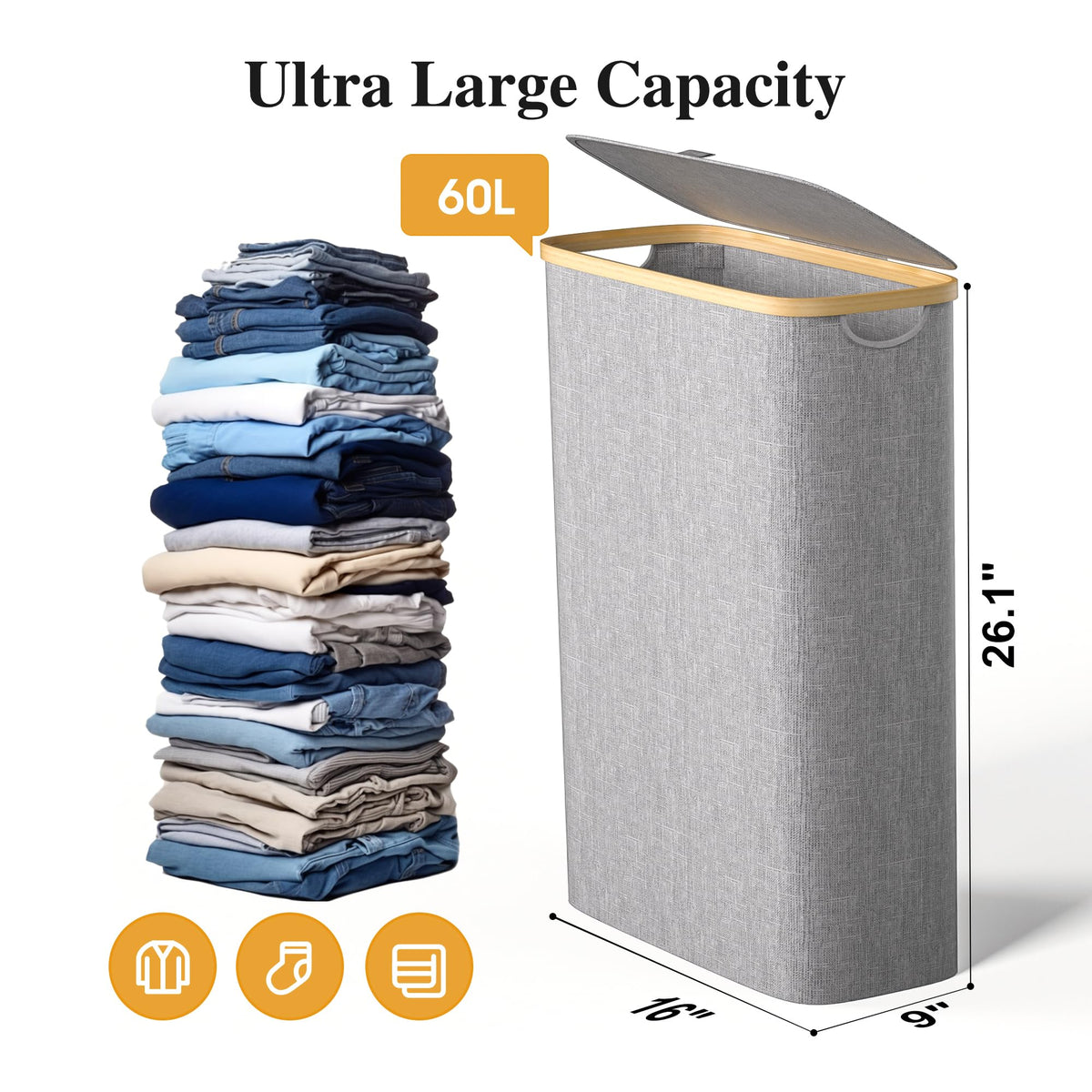 Slim Laundry Hamper, 60L Waterproof Narrow Laundry Basket with Lid and Removable Bag, Collapsible Tall Clothes Hamper
