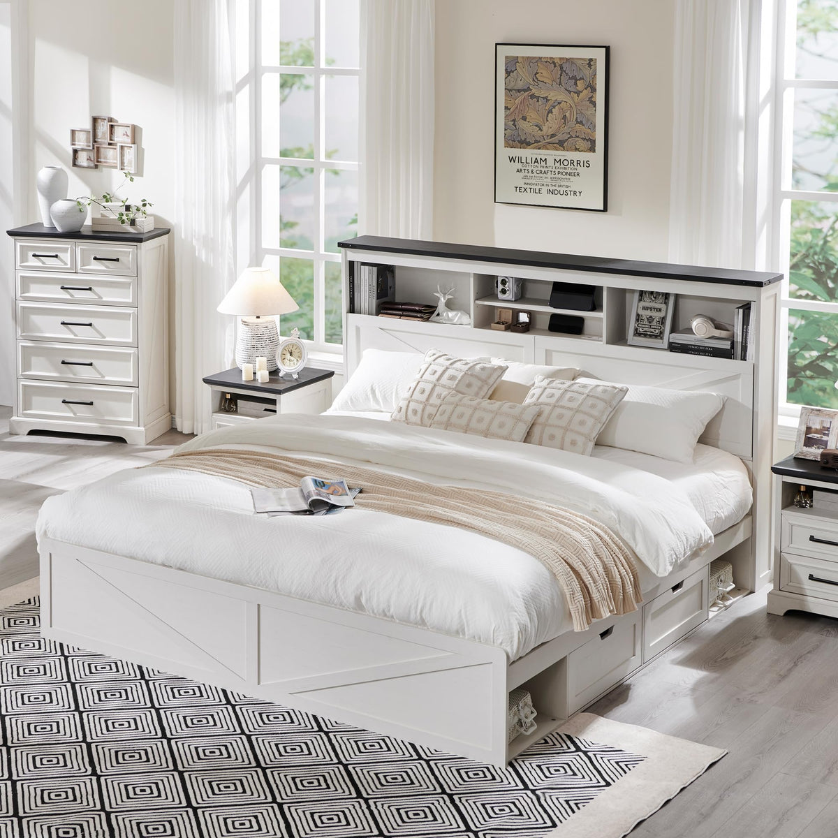 Farmhouse Bed Frame with 52" High Storage Bookcase Headboard and 4 Drawers, Wooden Bed Frame with LED Light
