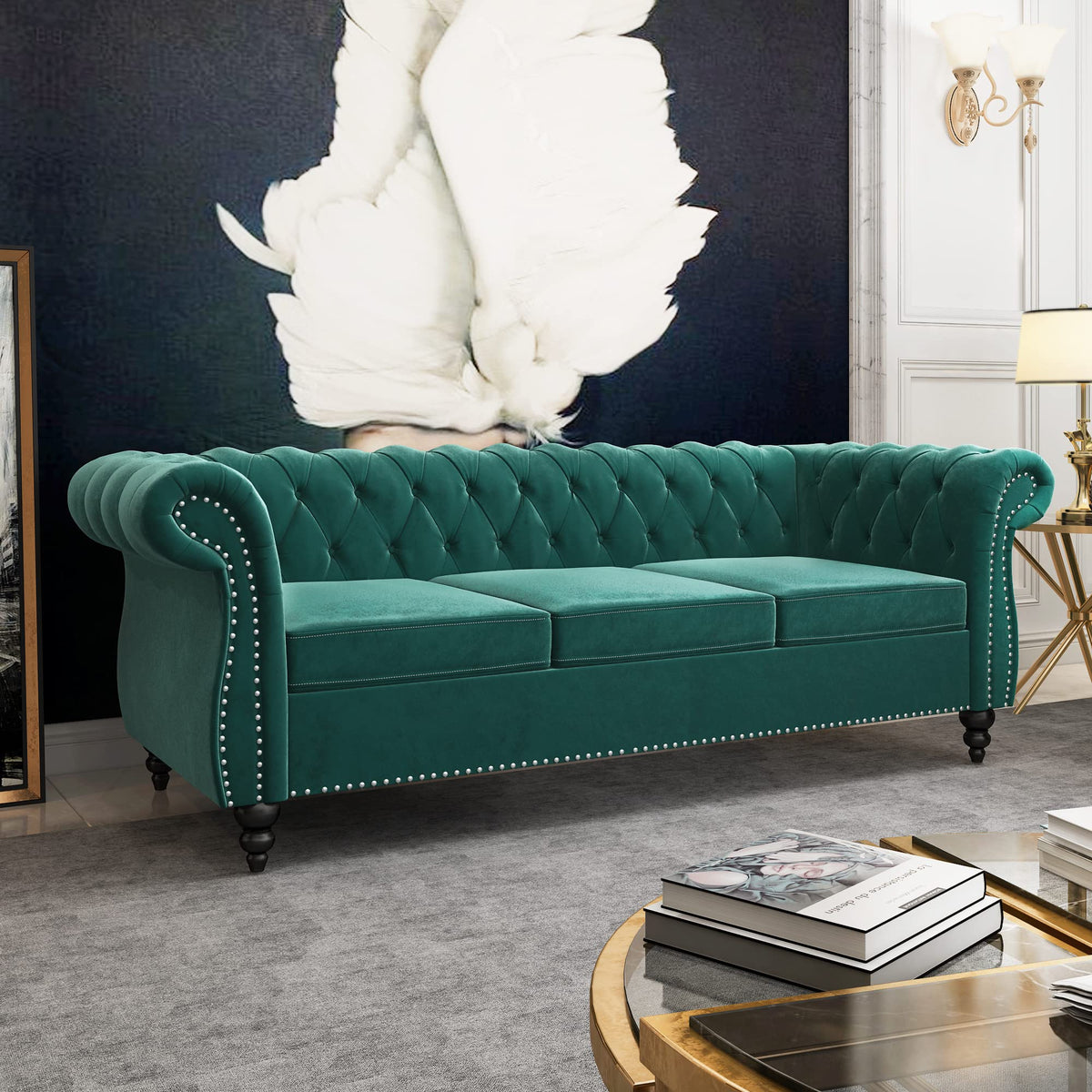Accent Large Sofa, Chesterfield Couch 3 Seater Modern Velvet Couch Upholstered Sofa with Tufted Back Furniture (Green)