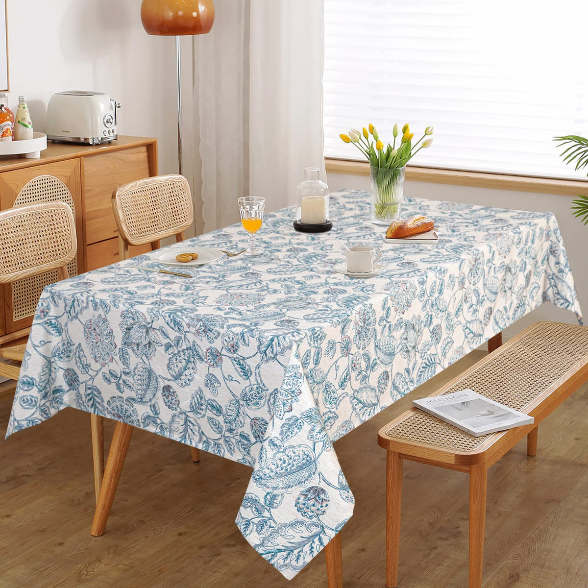 Waterproof Tablecloth Rectangle 60x102 Inch Rustic Burlap Tablecloth Spring Floral Linen Table Cover Farmhouse