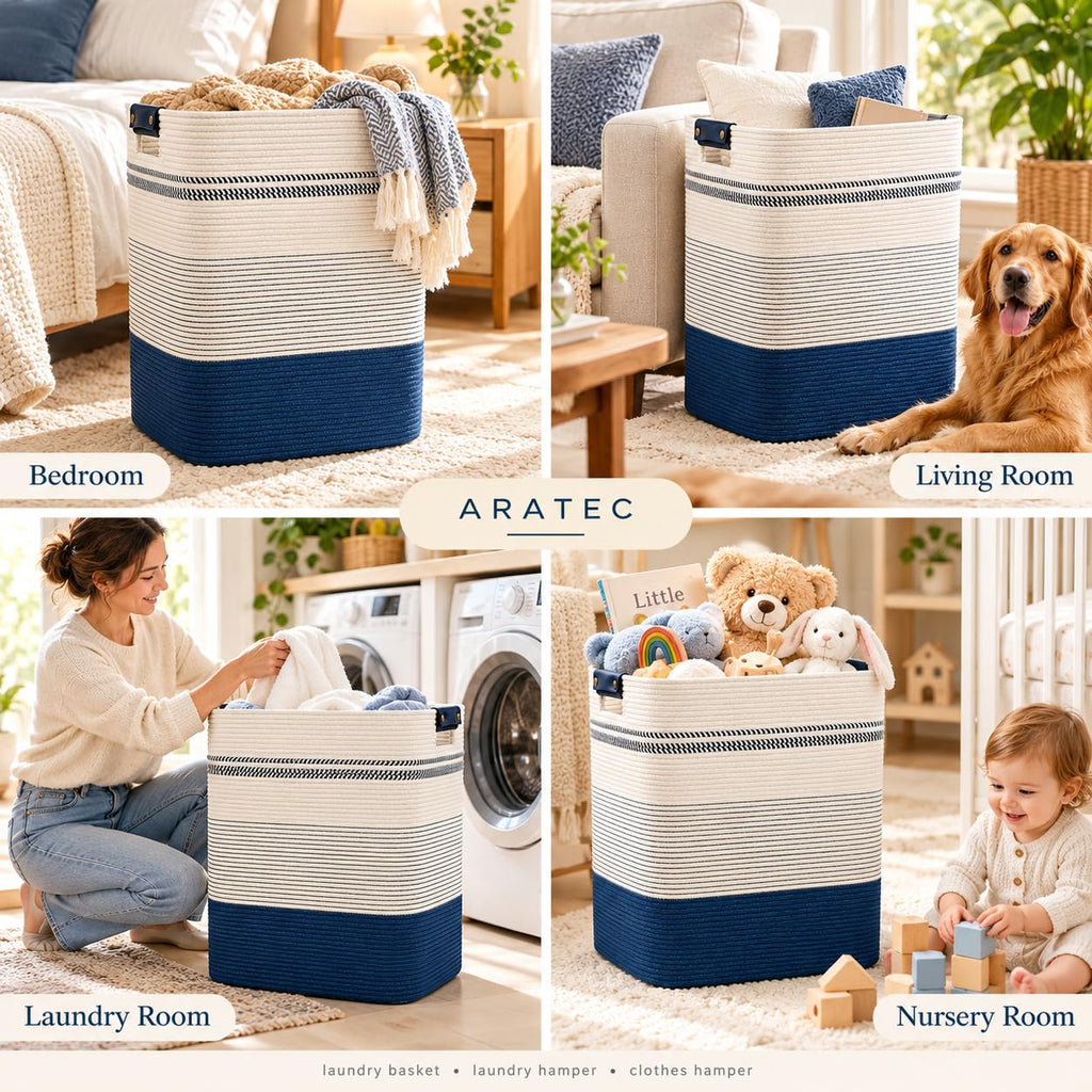 Laundry Hamper, Cotton Rope Laundry Basket with Leather Handles, 25.1-Gallon/95 L Large Clothes Hampers for Laundry