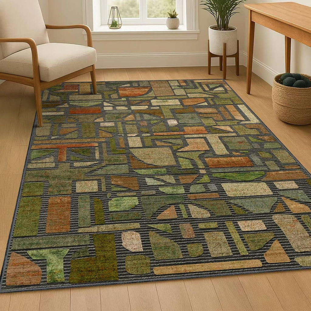 Area Rug, Vintage Checkered Abstract Rugs, Washable Modern Non Slip Soft Low Pile Indoor Floor Carpet Office