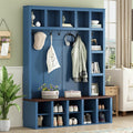 Hall Tree with Bench & Shoe Storage, Farmhouse Wood Coat Rack, Blue