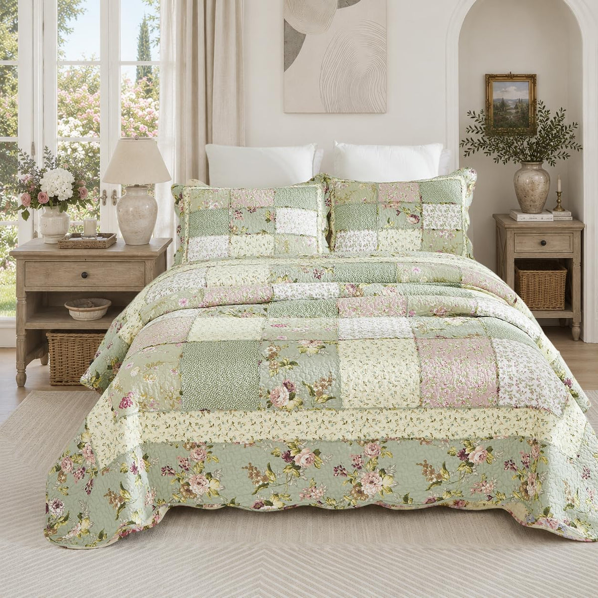 Quilt Set Cotton Patchwork Quilts Green Rose Floral Quilted Comforter Set Country Rustic Coverlet Set