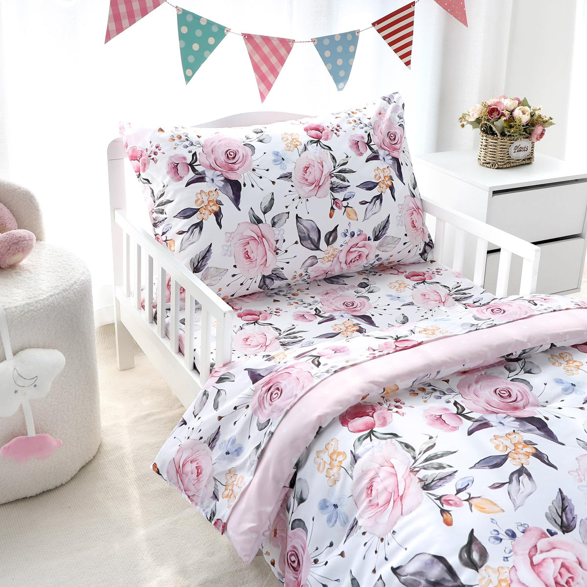 Toddler Bedding Set for Girls, 4 Piece Soft & Breathable Floral Crib Bedding Set, Bed-in-A-Bag Toddler Microfiber
