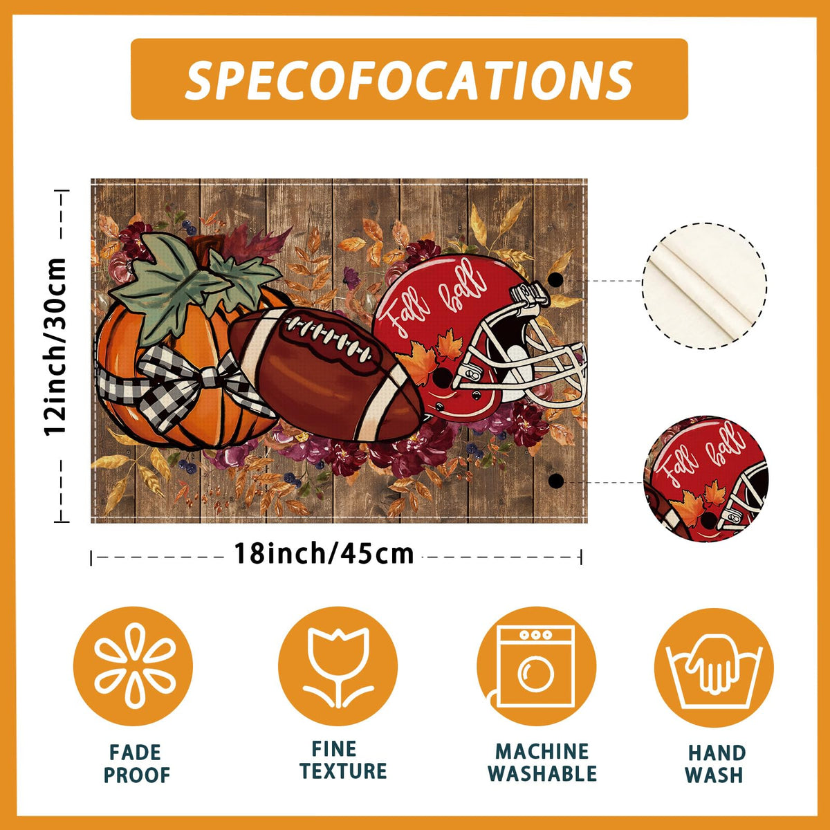 Fall Football Helmet Pumpkin Placemats Set of 6 Table Decor 12x18 Inch
