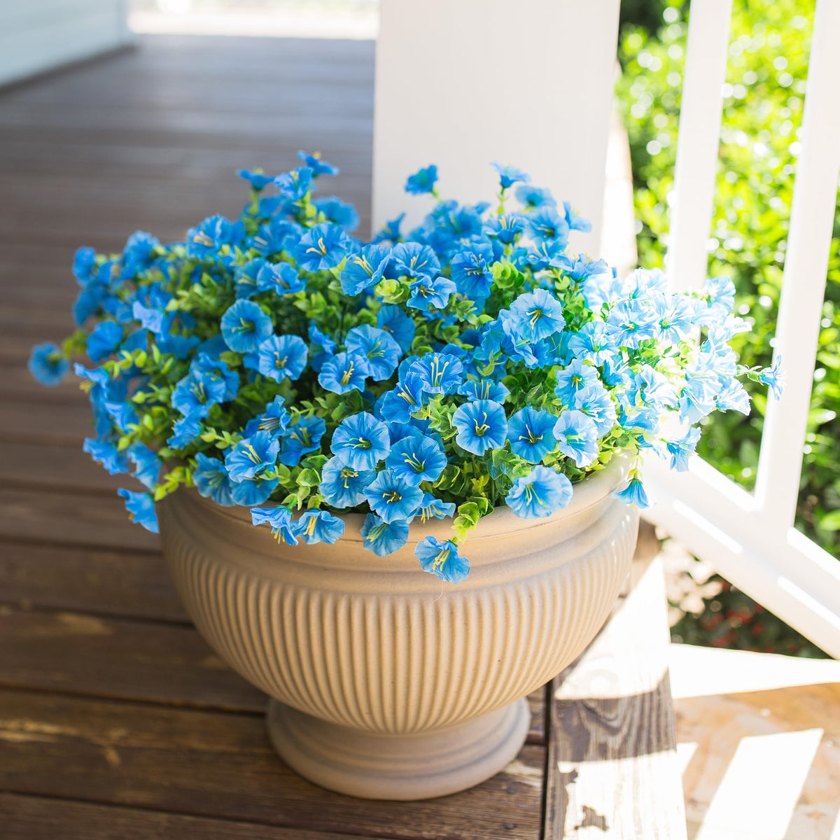 Artificial Fake Outdoor Flowers Plants for Spring Summer Decor, 12 Bundles Outside Silk Blue Morning Glory UV