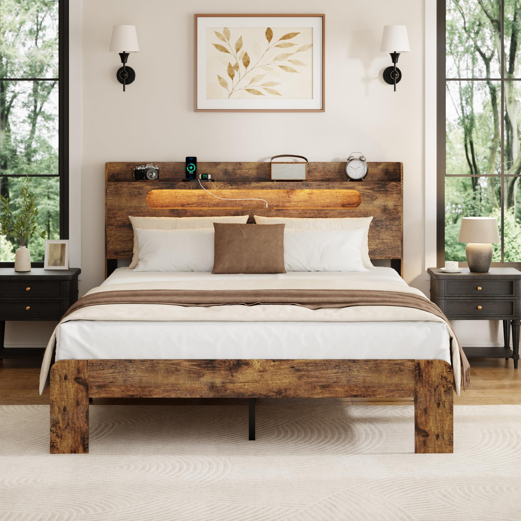 Bed Frame, 2-Tier Storage Headboard Platform Bed, Rustic Brown