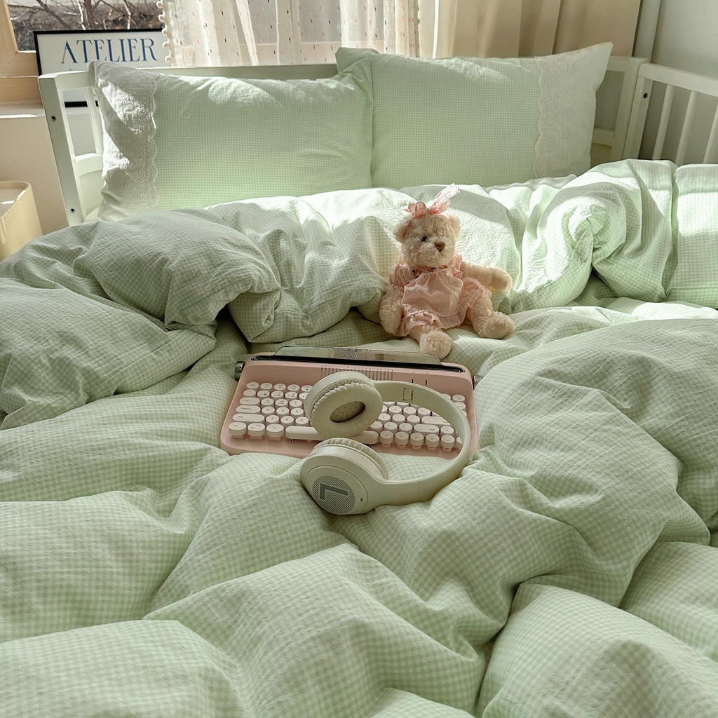 Green Gingham Comforter Set Romantic Lace Style Checkered Pattern Comforter Set Farmhouse Green Grid Plaid