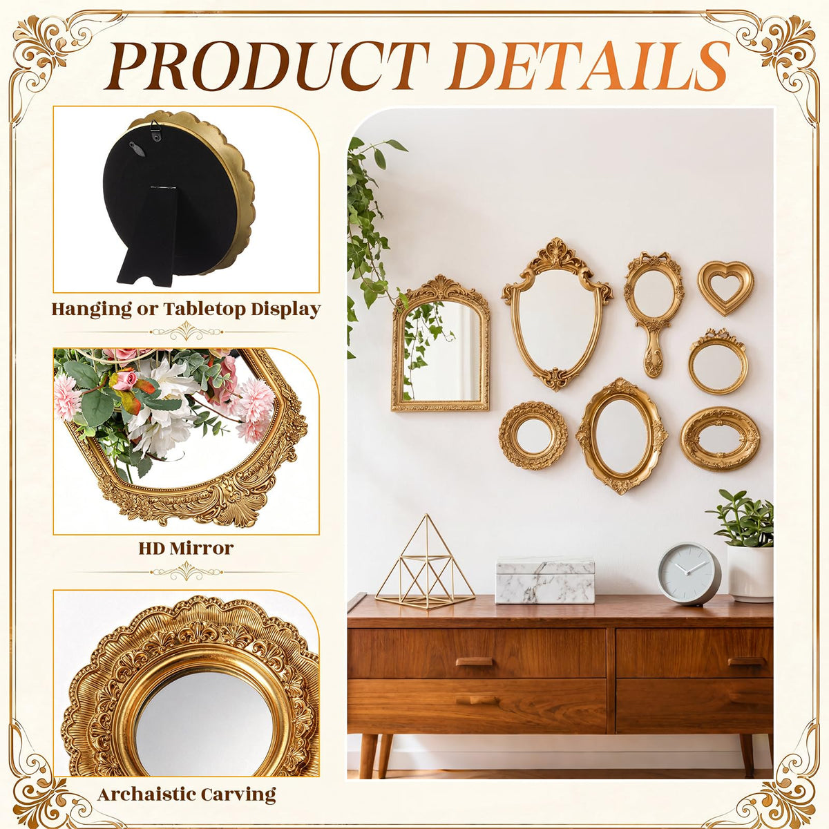 8 Pcs Vintage Gold Wall Mirror Set, 11in/10in/5in/3in, Elegant Style