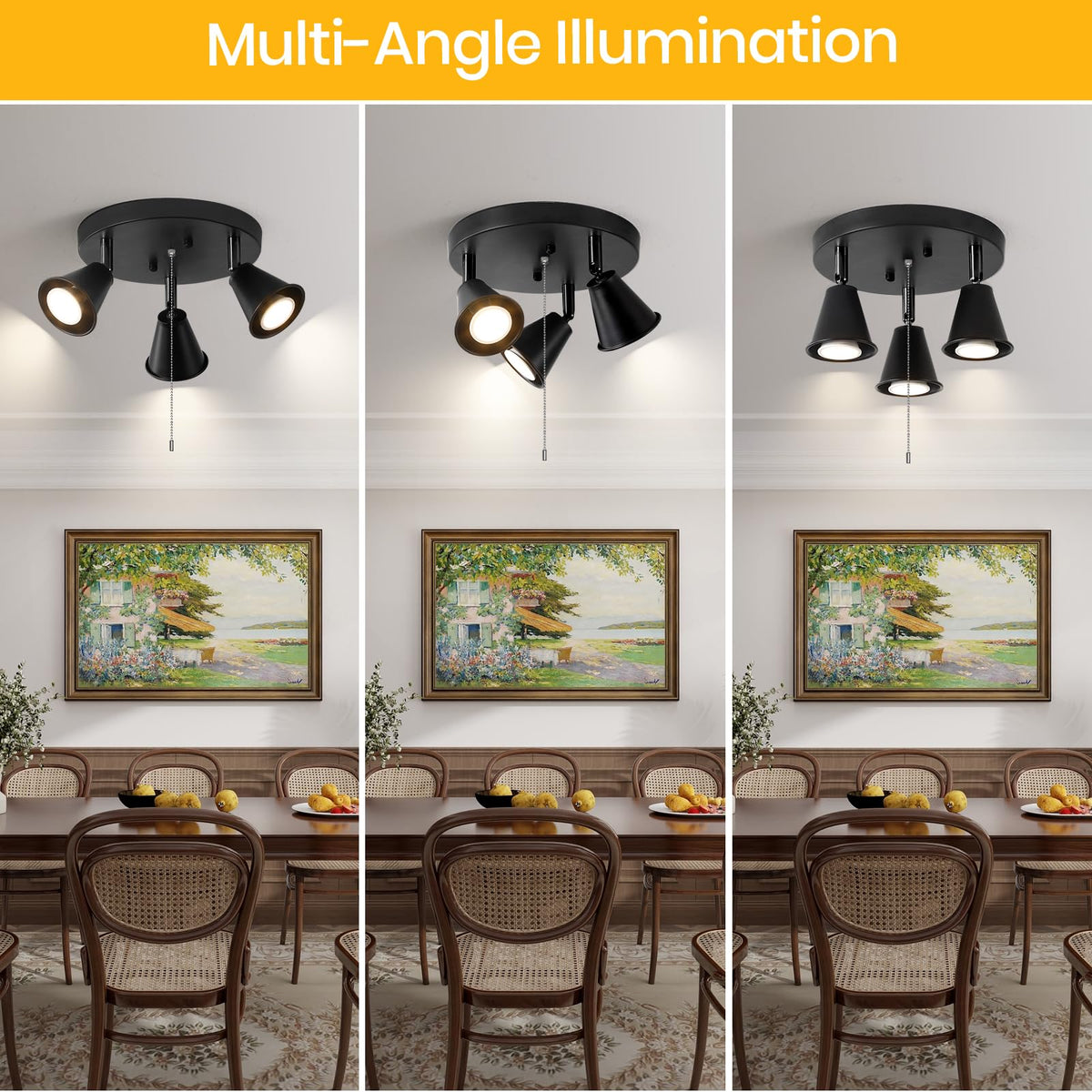Industrial Directional Track Lighting with Pull Chain On/Off, Black Ceiling Spotlight, Morden Flush Mount