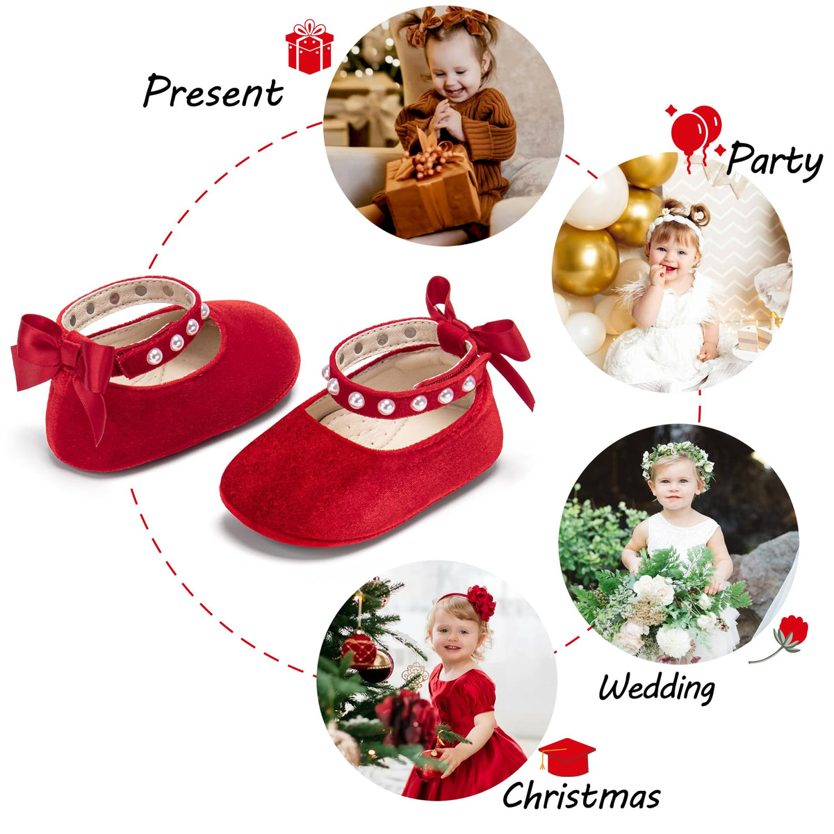 Baby Girls Velvet Red Mary Jane Flats - Infant Walking Shoes Soft Rubber Sole Princess Wedding