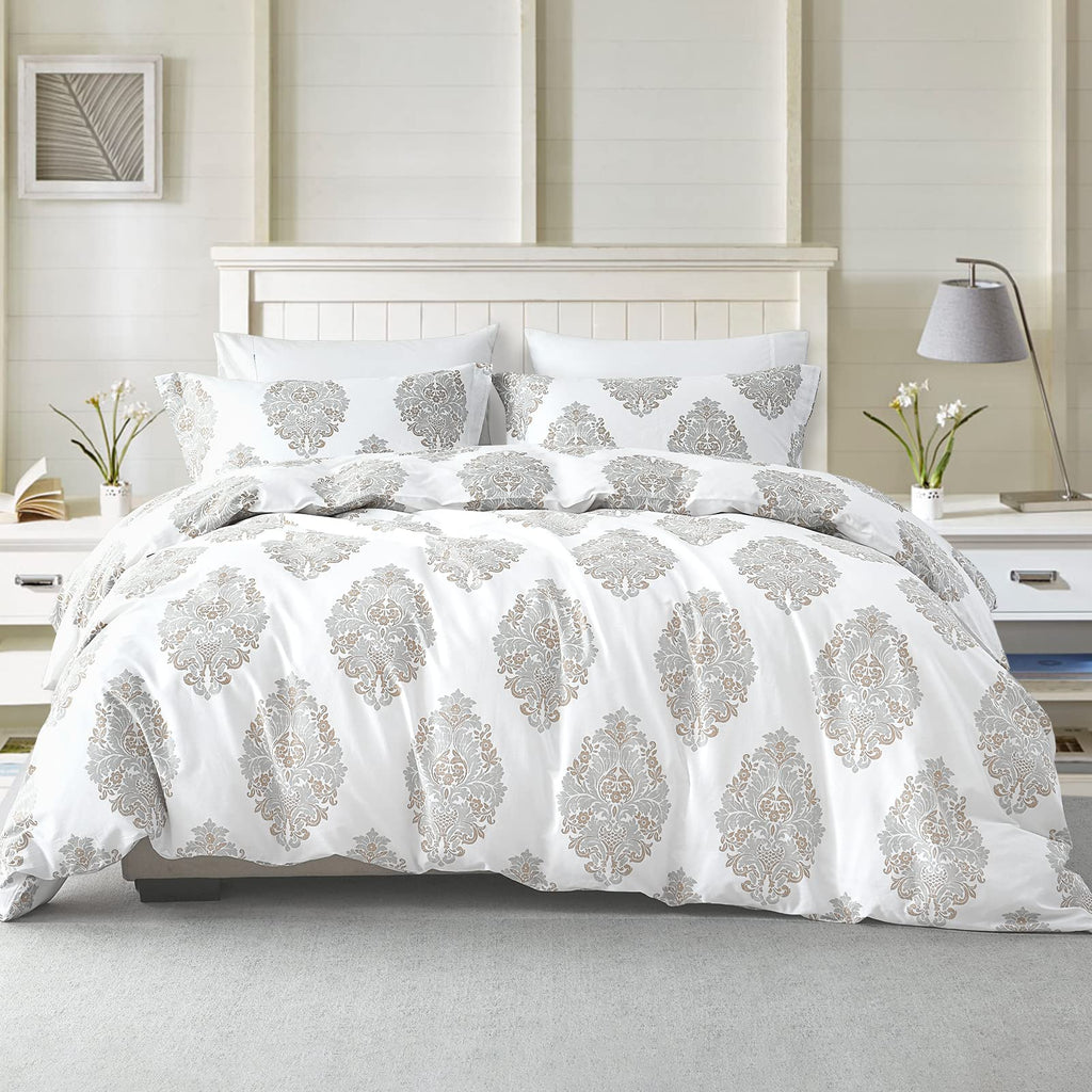 Damask Duvet Cover Set Queen Size, White Gray Paisley, 100% Cotton