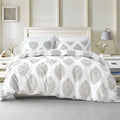 Damask Duvet Cover Set Queen Size, White Gray Paisley, 100% Cotton